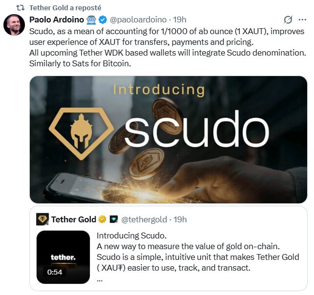 Tether lance le Scudo, qui représente 1/1000e d’once d’or et de son stablecoin XAUT.