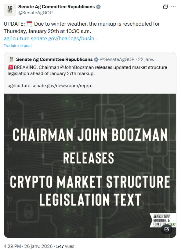 Le Comité de l’Agriculture du Sénat américain est contraint de reporter de 2 jours sa réunion sur la structure du marché crypto.