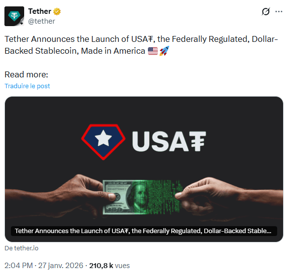 Tether lance son stablecoin USAT aux États-Unis.