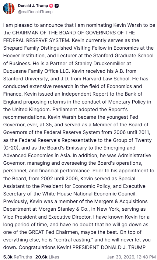 Kevin Warsh est nommé président de la Fed par le président Donald Trump.