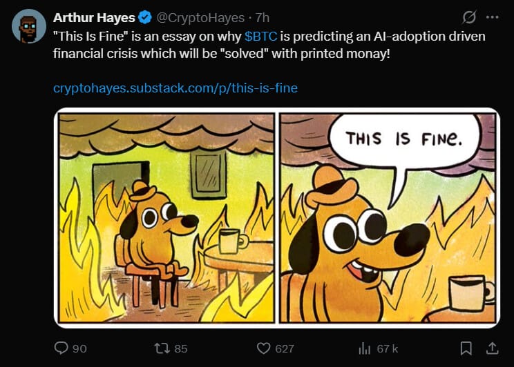 Dans son dernier essai intitulé The Fire Alarm, l’ancien PDG de BitMEX, Arthur Hayes, dresse un constat saisissant : Bitcoin agirait actuellement comme un « détecteur de fumée » pour la liquidité mondiale. Alors que l'indice Nasdaq 100 semble ignorer les signaux de ralentissement, le BTC montre une divergence notable, suggérant l'imminence d'un événement de destruction de crédit massif. Pour Arthur Hayes, ce décrochage n'est pas une simple correction technique, mais l'annonce d'une phase de déflation brutale provoquée par l'adoption rapide de l'intelligence artificielle au sein des entreprises.