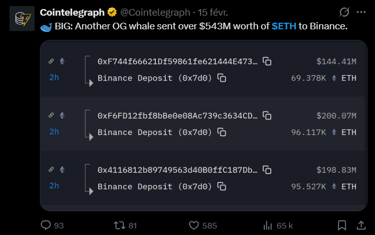 Alors que le marché crypto de ce mois de février 2026 navigue en zone d'incertitude, un mouvement on-chain massif vient de secouer l'écosystème. Un détenteur historique actif depuis l'époque 2010-2011 a soudainement rompu plus de dix ans de silence en transférant 261 024 ETH, soit environ 543 millions de dollars, vers la plateforme Binance. Ce réveil d'une adresse dormante, identifiée par les analystes comme liée à l'investisseur Garrett Jin, soulève des questions cruciales sur la stabilité à court terme du cours de l'Ethereum.
