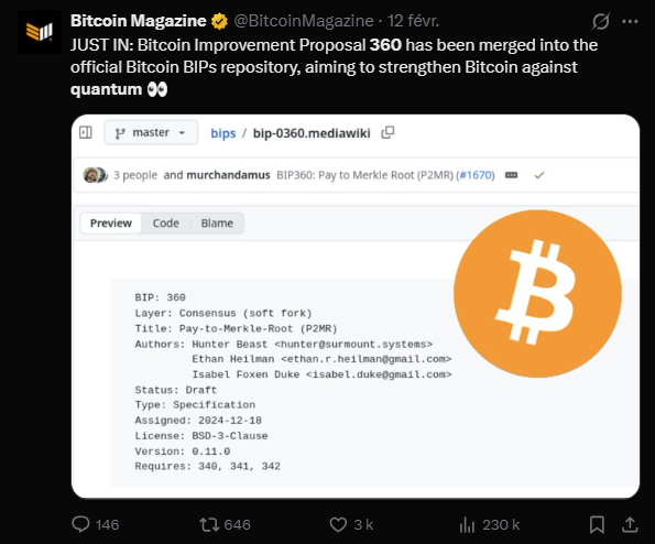 Le 11 février 2026 marque un tournant historique pour la sécurité du Bitcoin. Le développeur Murch a annoncé la publication officielle du BIP 360 (Bitcoin Improvement Proposal), intitulé Pay-to-Merkle-Root (P2MR). Pour la première fois, la résistance aux ordinateurs quantiques entre officiellement dans la feuille de route technique du protocole. Bien qu'il ne s'agisse pas d'une réponse de crise immédiate, cette proposition lance une phase de débat et d'implémentation qui pourrait redéfinir l'architecture de sécurité du réseau pour les décennies à venir.