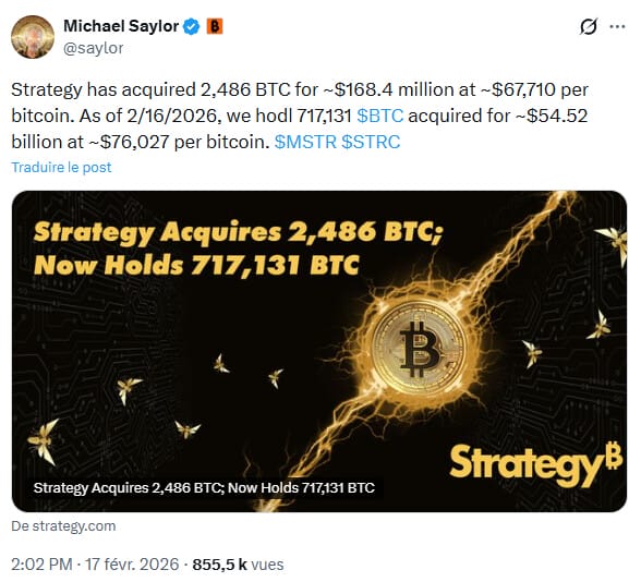 Strategy et Michael Saylor achètent davantage de Bitcoin, faisant monter leur trésor à 717 131 BTC.
