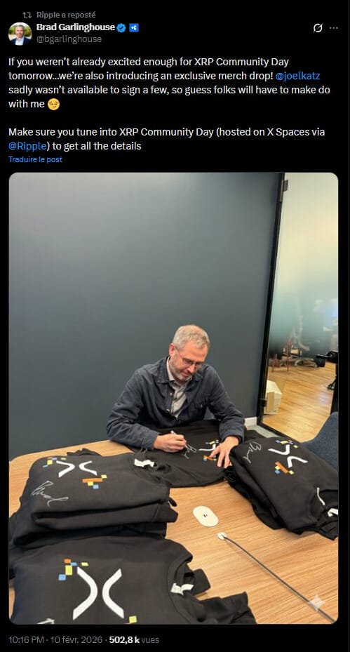 Malgré une volatilité persistante qui a vu les principaux actifs numériques corriger ces dernières semaines, le PDG de Ripple, Brad Garlinghouse, affiche une ambition sans commune mesure. Lors du XRP Community Day le 11 février 2026, il a affirmé sa conviction qu'une entreprise issue de l'industrie crypto rejoindrait prochainement le club très fermé des sociétés valorisées à plus de 1 000 milliards de dollars, aux côtés de géants comme Nvidia ou Apple. Pour le dirigeant, Ripple possède toutes les cartes en main pour franchir ce cap historique, à condition de poursuivre son expansion en parfaite synergie avec l'écosystème XRP.