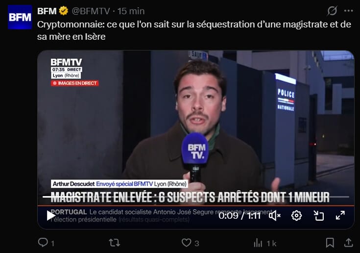 La mexicanisation du secteur des actifs numériques franchit un nouveau palier en France. Ce dimanche 8 février 2026, les autorités françaises ont annoncé l'interpellation de six personnes, dont un mineur, suite au violent enlèvement d'une magistrate de 35 ans et de sa mère de 67 ans. Cet incident, survenu dans la Drôme, s'inscrit dans une série noire d'attaques physiques ciblant l'entourage de professionnels de la cryptomonnaie.