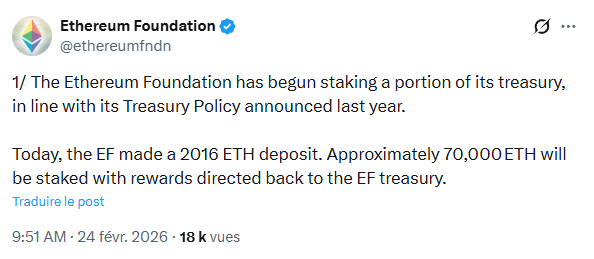 La Fondation Ethereum commence à mettre 2016 ETH en staking sur son objectif de 70 000 ETH.