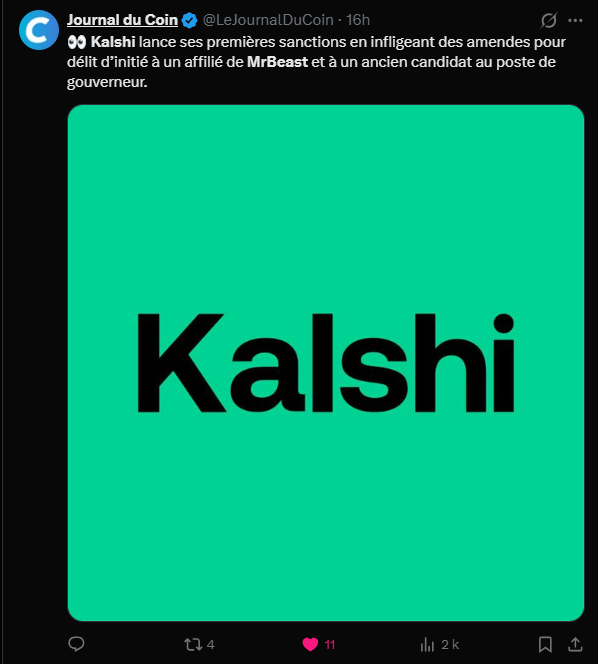 Ce mercredi 25 février, la plateforme Kalshi, l'un des leaders réglementés du secteur du marché de la prédiction aux États-Unis, a annoncé avoir sanctionné deux utilisateurs pour délit d'initié, et il s'agit d'une grande première dans cette industrie en pleine explosion. Parmi les fraudeurs identifiés figure un monteur d'effets visuels travaillant pour la superstar de YouTube MrBeast. L'individu est accusé d'avoir utilisé des informations confidentielles sur le contenu des vidéos de son employeur pour parier sur leur issue avant leur diffusion officielle, une pratique désormais formellement poursuivie par les autorités de régulation américaines.