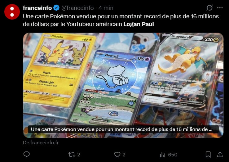 La star des réseaux sociaux Logan Paul a marqué l’histoire des objets de collection ce lundi 16 février 2026 en vendant sa rarissime carte Pokémon « Pikachu Illustrator » pour la somme de 16,5 millions de dollars. Cette transaction, réalisée lors d'une vente aux enchères chez Goldin Auctions, établit un nouveau record mondial pour la carte de collection la plus chère jamais vendue. L’acheteur, AJ Scaramucci, fils de l’homme d’affaires Anthony Scaramucci, a remporté l’enchère face à plusieurs offres atteignant des montants à sept et huit chiffres. Logan Paul réalise ainsi une plus-value estimée à 8 millions de dollars après frais, ayant acquis la carte pour 5,3 millions de dollars en 2021.