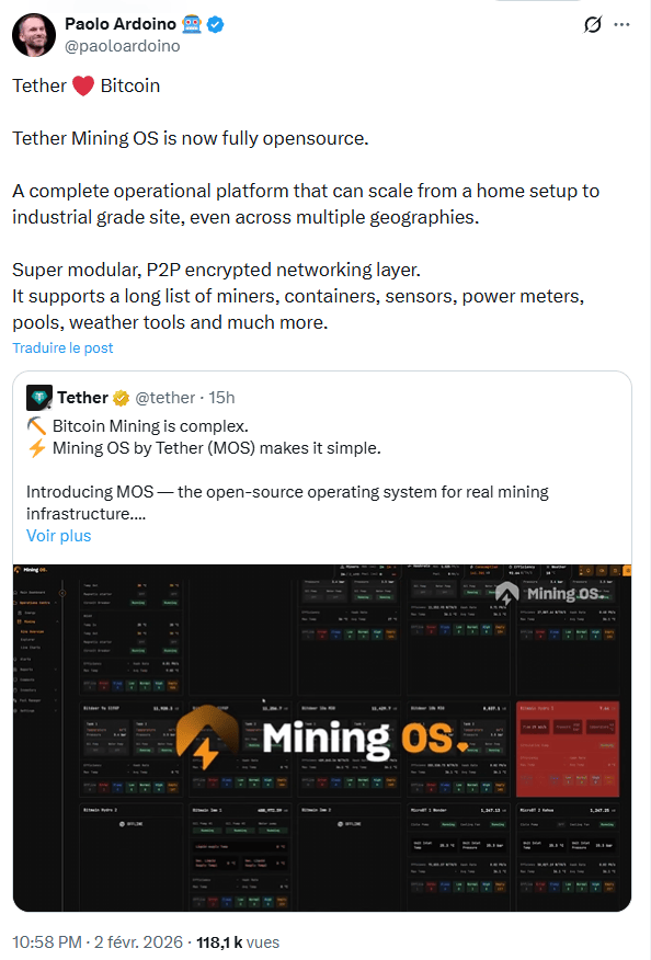 Paolo Ardoino présente MiningOS, un système d’exploitation open source dédié au minage de Bitcoin