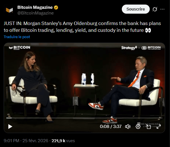 Le géant de Wall Street, Morgan Stanley, avec ses 9 000 milliards de dollars d’actifs sous gestion, envisage d’offrir des services de garde, de trading, et de prêt basés sur Bitcoin. Amy Oldenburg, récemment nommée à la tête de la stratégie des actifs numériques, a confirmé ces ambitions lors de la conférence « Bitcoin for Corporations » à Las Vegas.