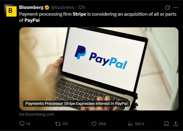 Le secteur des paiements mondiaux pourrait connaître sa plus importante consolidation des dernières années. Selon des informations rapportées par Bloomberg ce mardi 24 février, Stripe explorerait une acquisition de PayPal, une opération qui réunirait deux des piliers de l'infrastructure financière moderne. Cette annonce survient alors que Stripe vient d'atteindre une valorisation record de 159 milliards de dollars, portée par un volume de transactions annuel de 1 900 milliards de dollars. Bien que les discussions n'en soient qu'à un stade préliminaire et exploratoire, ce rapprochement marquerait une étape décisive dans l'intégration des stablecoins au sein des circuits de paiement traditionnels.