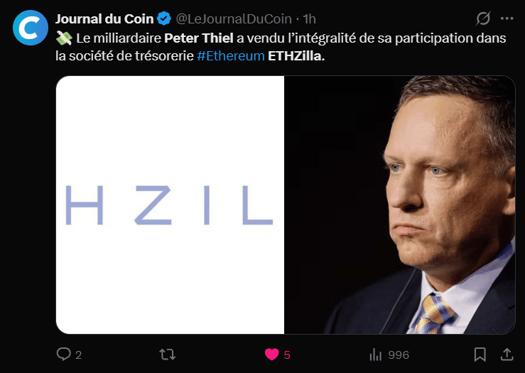 L'investisseur de renom milliardaire Peter Thiel et son fonds Founders Fund ont totalement quitté le capital d'ETHZilla Corp., selon les derniers documents déposés auprès de la SEC. Ce retrait massif intervient alors que l'entreprise, qui tentait de reproduire le modèle de Strategy appliqué à l'Ethereum, traverse une zone de turbulences extrêmes suite à la chute du cours de l'Ether, en baisse de près de 60 % par rapport à son sommet de 2025. Début d'explication à suivre. 