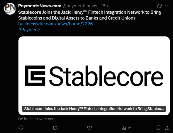 La convergence entre la finance traditionnelle et la crypto franchit une étape structurelle majeure. Stablecore, fournisseur d'infrastructures pour actifs numériques, a annoncé ce lundi 24 février son intégration au Jack Henry Fintech Integration Network (FIN). Ce partenariat stratégique permet à environ 1 670 banques et coopératives de crédit (credit unions), ainsi qu'à plus de 1 000 institutions utilisant la plateforme numérique Banno, de déployer des produits blockchain directement au sein de leurs écosystèmes technologiques existants. Cette intégration vise à transformer les systèmes bancaires classiques en plateformes capables de gérer nativement des actifs tokenisés.