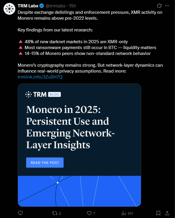 L'activité transactionnelle de Monero (XMR) fait preuve d'une résilience remarquable en 2026. Selon le dernier rapport de TRM Labs intitulé « Monero in 2025: Persistent Use and Emerging Network-Layer Insights », l'usage de cet actif se stabilise désormais au-dessus des niveaux de 2022. Cette persistance est d'autant plus notable que l'actif a subi une vague massive de déréférencements, avec environ 73 plateformes d'échange ayant retiré le jeton de leurs listes pour la seule année 2025, incluant des géants comme Binance et Kraken. Alors que les blockchains publiques comme Bitcoin et les stablecoins indexés sur le dollar deviennent de plus en plus transparents pour les enquêteurs, Monero s'affirme comme le refuge privilégié de la confidentialité numérique. Pour le meilleur et pour le pire. 