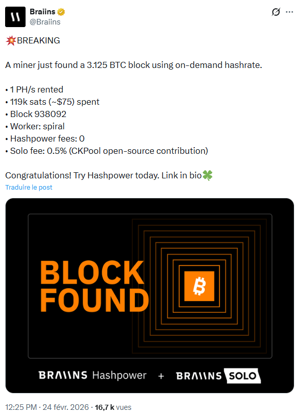 Ce mineur solo réussi à miner un bloc de transactions sur Bitcoin : 200 000 $ de BTC à la clé !