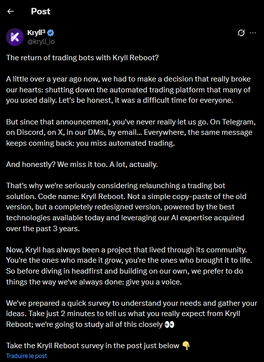 Kryll annonce ce nouveau projet Kryll Reboot sur X