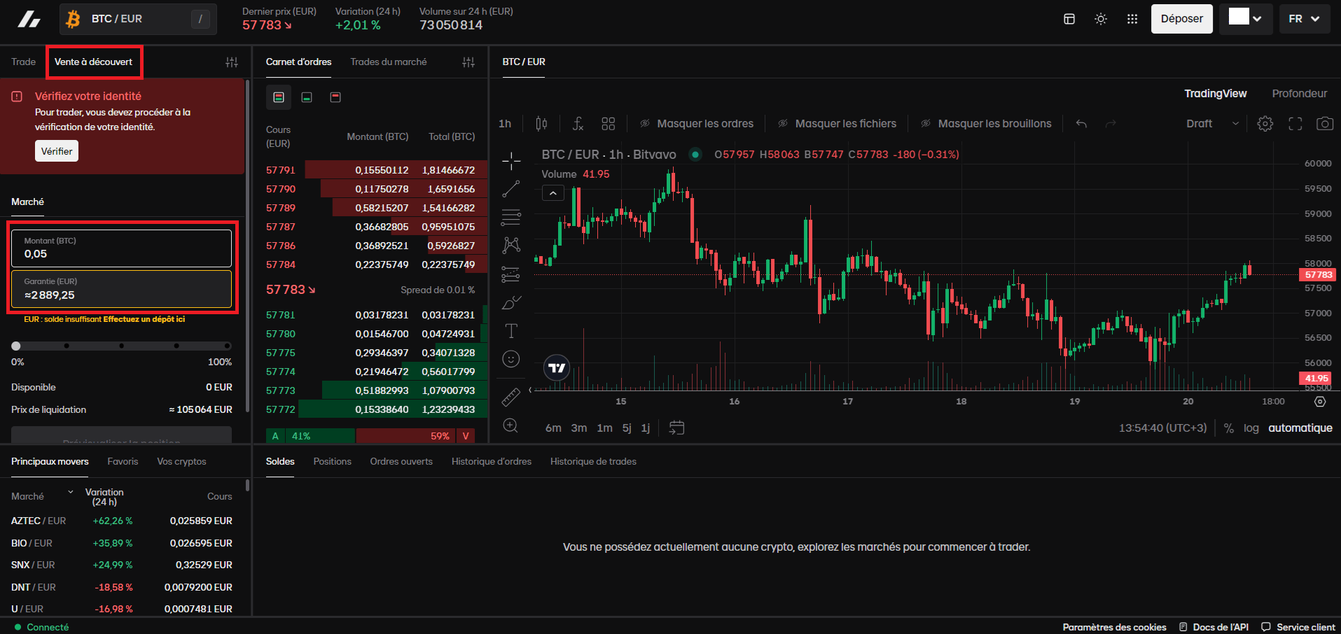 Ouvrir et fermer une position "short" est très facile depuis votre tableau de bord