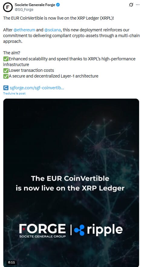 SG-FORGE, la filiale crypto de la Société Générale, lance son stablecoin de l’euro sur le XRP Ledger.