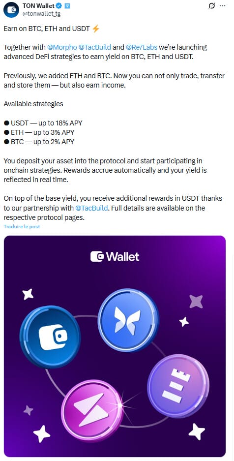 TON Wallet dans Telegram propose désormais des rendements sur Bitcoin, Ethereum et USDT.