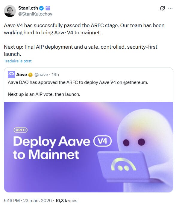 Le protocole DeFi Aave va passer en V4 sur Ethereum.