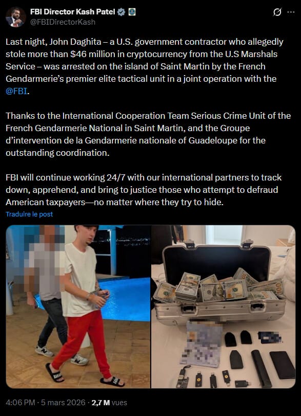 L'interpellation de John Daghita, connu sous le pseudonyme « Lick », met fin à une cavale liée au détournement massif de fonds saisis par la justice américaine. Mercredi 4 mars, une opération conjointe entre le FBI et les forces de l'ordre françaises a permis de localiser ce ressortissant américain sur l'île de Saint-Martin. John Daghita est accusé d'avoir dérobé plus de 46 millions de dollars en cryptomonnaies appartenant au gouvernement des États-Unis. Cette intervention est le résultat de plusieurs mois d'investigations menées par le service des Marshals (USMS) et des unités d'élite, mettant en évidence les failles de sécurité chez certains prestataires privés du gouvernement en charge de la crypto d'État. 