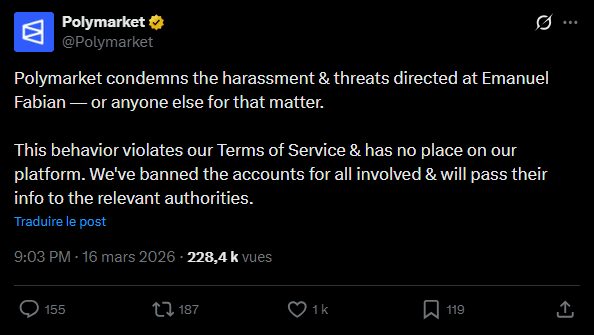 Le 10 mars, une explosion a secoué la ville de Beit Shemesh, près de Jérusalem, suite à une attaque de missiles balistiques iraniens. Un correspondant militaire a rapporté que l'un des projectiles avait atteint une zone boisée non habitée. Ce compte rendu factuel a aussitôt déclenché une campagne de harcèlement et de menaces de mort sans précédent à l'encontre du journaliste. Pourquoi ? L'origine de cette hostilité ne provient pas d'acteurs étatiques, ni de haters de l'État hébreu, non, mais de parieurs utilisant la plateforme Polymarket ! Ces derniers tentaient de forcer une modification du reportage pour valider ou infirmer un pari financier massif portant sur la réussite des frappes iraniennes. La guerre est en train de devenir un casino virtuel et encore une fois, c'est Polymarket qui est au centre de la polémique. 