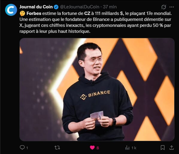 L'évolution du patrimoine de Changpeng Zhao, fondateur de l'échange Binance, illustre la dynamique actuelle du marché des actifs numériques en 2026. Malgré une période de retrait forcé et des sanctions judiciaires aux États-Unis, l'entrepreneur, plus connu sous ses initiales « CZ», enregistre une progression notable de sa richesse personnelle. Selon les dernières estimations annuelles de Forbes, sa fortune atteindrait environ 110 milliards de dollars, une hausse de 47 milliards par rapport à l'année précédente. Ce montant place désormais le fondateur de Binance parmi les vingt personnes les plus riches de la planète, dépassant des figures historiques de la technologie comme Bill Gates. Cette trajectoire ascendante repose essentiellement sur la valorisation de Binance, dont CZ conserve une part majoritaire estimée à 90 %. Mais tout n'est pas si simple. 