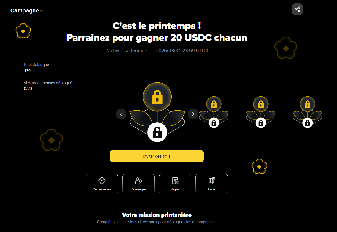 À l'occasion du mois de mars, Binance déploie une opération de parrainage intitulée « Le printemps, c’est mieux ensemble ». Contrairement aux programmes habituels basés sur des remises de frais, cette campagne permet l'obtention de récompenses directes en stablecoins pour le parrain et son filleul. Valable jusqu'au 31 mars 2026, cette offre repose sur l'ouverture d'une Mystery Box (boîte mystère) une fois que le nouvel utilisateur a complété un parcours de découverte des services de la plateforme.