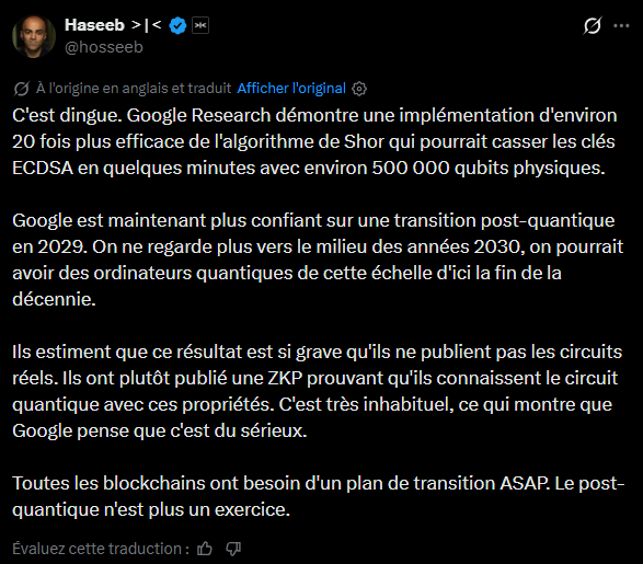 Google Quantum AI a bouleversé les certitudes sur la sécurité des cryptomonnaies en révélant que la puissance nécessaire pour casser la cryptographie de Bitcoin et d’Ethereum est désormais plus accessible.