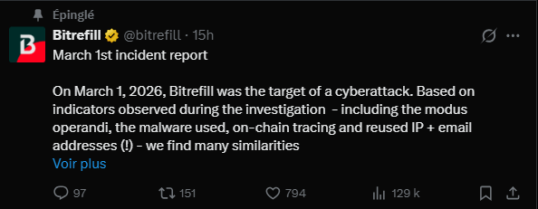 La plateforme de commerce en ligne Bitrefill, spécialisée dans l'achat de cartes-cadeaux en cryptomonnaies, a révélé avoir subi une cyberattaque d'envergure le 1ᵉʳ mars dernier. Selon les conclusions de l'enquête interne, les méthodes employées et les traces numériques identifiées présentent des similitudes notables avec les opérations passées du groupe Lazarus, une entité liée à la Corée du Nord. L'intrusion a débuté par la compromission de l'ordinateur portable d'un employé, permettant aux attaquants d'extraire des identifiants et d'accéder à une partie de l'infrastructure de production. Cette faille a entraîné le siphonnage de certains portefeuilles « hot wallets » et une exploitation des lignes d'approvisionnement de l'entreprise. En réaction, la société a temporairement mis tous ses systèmes hors ligne afin de contenir la propagation de l'attaque.
