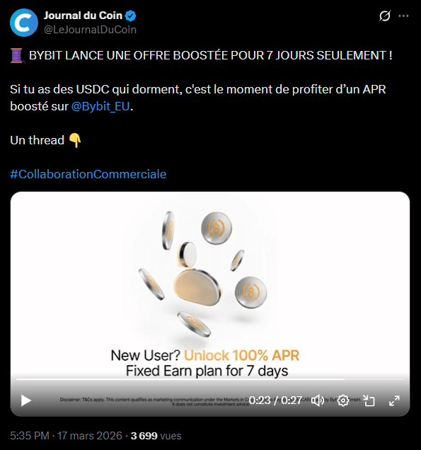 Attention, la fenêtre de tir est extrêmement courte pour les investisseurs réactifs : Bybit vient de lancer une opération spéciale de seulement sept jours offrant un rendement boosté sur l’USDC, cumulable avec son offre de bienvenue actuelle. Cette initiative temporaire, baptisée « Short Hold Campaign », permet aux nouveaux utilisateurs de bénéficier d'un taux d'intérêt annualisé (APR) de 100 % sur l'USDC pour une durée fixe d'une semaine. Ce mécanisme de récompense s'ajoute à la campagne de conservation de 180 jours offrant 3 % d'APY, créant ainsi une opportunité de rendement cumulé particulièrement rare pour les résidents de l'Union européenne.