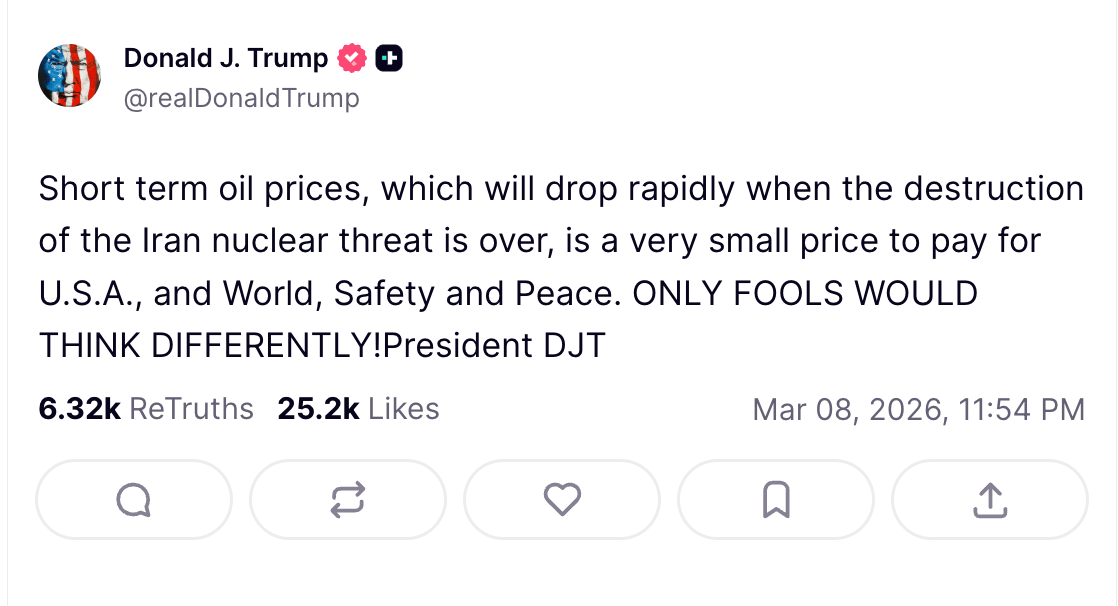 Poste de Donald Trump sur Truth Social 