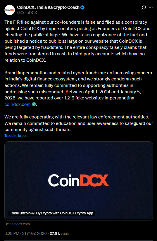 Le secteur de la finance numérique en Inde traverse une période de vigilance accrue face à la multiplication des cyberattaques sophistiquées. Récemment, l'entreprise CoinDCX a fait l'objet d'une plainte (FIR) visant ses cofondateurs, une procédure que la direction qualifie de « manœuvre malveillante fondée sur des allégations fallacieuses ». Cette situation met en lumière une stratégie de fraude par usurpation d'identité, où des acteurs malveillants se font passer pour des dirigeants de plateformes afin de détourner des fonds. Les enquêtes préliminaires suggèrent que ces imposteurs incitent les utilisateurs à transférer des actifs ou des espèces vers des comptes tiers n'ayant aucun lien structurel avec l'entité officielle.