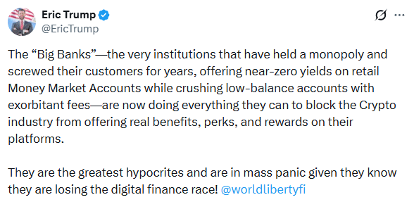 Eric Trump dénonce l’hypocrisie des banques contre les cryptos.