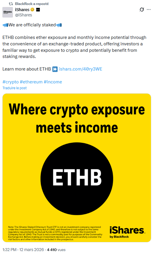 BlackRock lance l’iShares Staked Ethereum Trust ETF (ETHB) : un fonds Ethereum avec staking intégré.