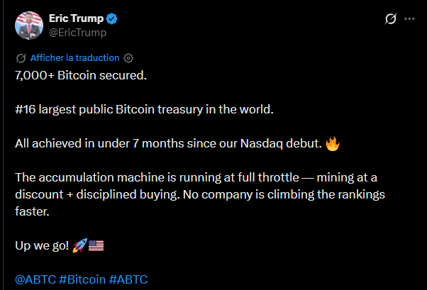 L'entreprise de minage American Bitcoin Corp, cofondée par Eric et Donald Trump Jr., franchit une étape symbolique dans sa stratégie d'accumulation. La société détient désormais plus de 7 000 BTC, une réserve dont la valorisation avoisine les 471 millions de dollars. Cette progression marque une augmentation significative, les avoirs ayant presque triplé depuis l'introduction en bourse de la firme en septembre dernier. Cependant, cette croissance opérationnelle contraste avec une performance boursière fragile. L'action ABTC a atteint son niveau le plus bas depuis son premier jour de cotation, illustrant une déconnexion persistante entre la valeur intrinsèque des actifs numériques détenus et la perception du marché financier traditionnel.