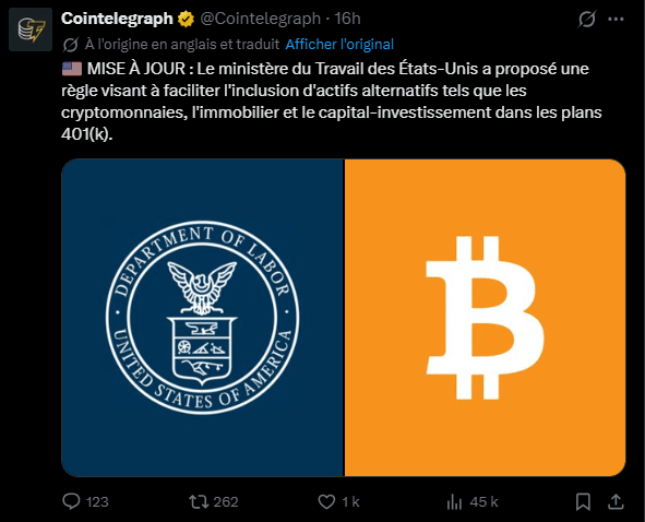  L'administration américaine vient de prendre une décision importante dans la gestion de l'épargne-retraite en proposant une nouvelle règle pour les plans 401(k). Ce texte, émanant du Département du Travail (DOL), vise à lever les obstacles historiques qui limitaient l'accès des épargnants aux actifs dits alternatifs. Jusqu'alors réservés aux investisseurs institutionnels ou aux individus les plus fortunés, le capital-investissement (private equity) et les actifs numériques pourraient désormais intégrer les portefeuilles de retraite des salariés américains. Cette évolution s'inscrit dans une volonté politique d'élargir les sources de rendement face à un système de retraite souvent jugé insuffisant pour couvrir les besoins futurs de la population.