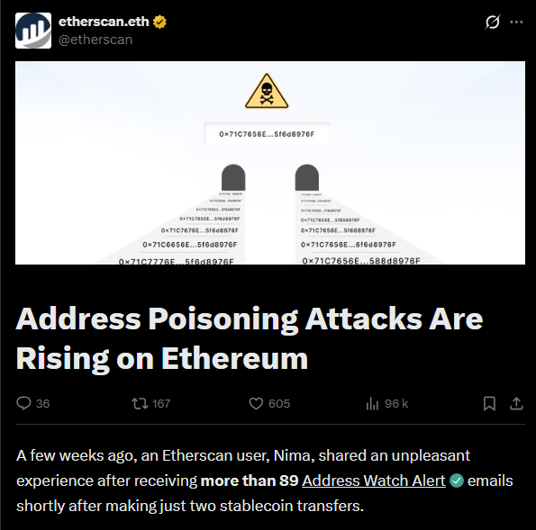 La sécurité des transactions sur la blockchain Ethereum fait face à un défi croissant avec la recrudescence des attaques par « empoisonnement d'adresse » (address poisoning). Selon une analyse publiée par Etherscan le 13 mars, ce mécanisme malveillant connaît une mutation structurelle sous l'effet de l'automatisation. Des utilisateurs rapportent désormais recevoir des dizaines de notifications d'alerte en quelques minutes après une simple transaction légitime. L'objectif des attaquants reste constant : insérer une adresse miroir, visuellement proche de celle du destinataire habituel, dans l'historique de la victime pour l'inciter à copier la mauvaise destination lors d'un futur transfert.
