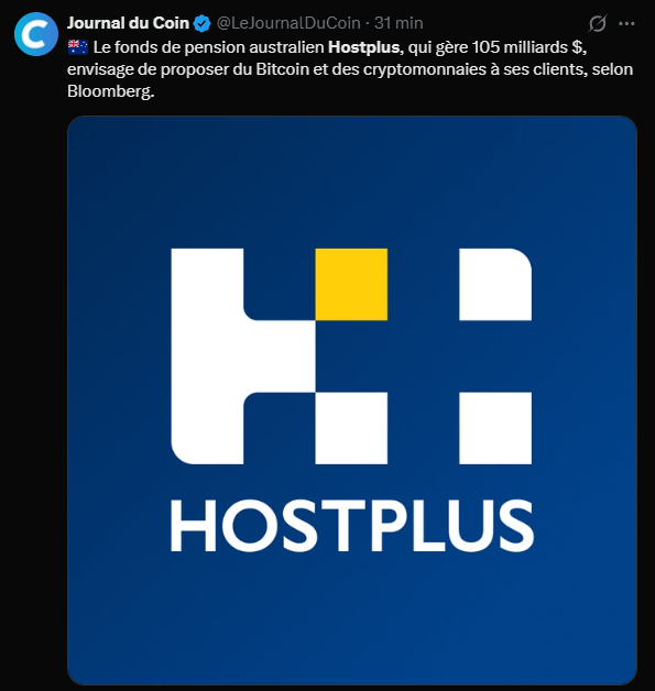 Le système de retraite australien, l'un des plus importants au monde par son volume d'actifs, s'ouvre progressivement aux nouvelles classes d'actifs financiers. Hostplus, un fonds de pension gérant plus de 150 milliards de dollars australiens, étudie actuellement l'intégration du bitcoin et d'autres actifs numériques dans son offre. Cette réflexion répond à une demande croissante des membres, dont la moyenne d'âge se situe entre 35 et 40 ans. Le projet s'orienterait vers l'option Choiceplus, une fenêtre d'investissement autogérée qui permet aux adhérents de piloter directement une fraction de leur épargne retraite. Si les travaux de conception interne et les approbations réglementaires aboutissent, ces options pourraient devenir accessibles dès le prochain exercice financier.