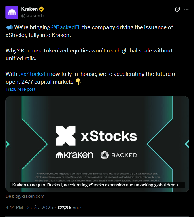 Depuis le début de l'année 2025, l'échange de cryptomonnaies Kraken, opéré par la holding Payward, a radicalement accéléré sa stratégie de croissance. L'entreprise ne se contente plus de son rôle historique de plateforme d'échange d'actifs numériques ; elle mène une offensive d'acquisitions ciblées pour transformer son infrastructure en un écosystème financier global et régulé.

L’objectif affiché par la direction, notamment sous l'impulsion du co-PDG Arjun Sethi, est de briser les silos entre la finance traditionnelle (TradFi) et l'univers crypto. En intégrant verticalement des services allant du courtage de contrats à terme à la tokenisation d'actions, Kraken bâtit une plateforme capable de séduire aussi bien les particuliers que les clients institutionnels, 24h/24 et 7j/7.