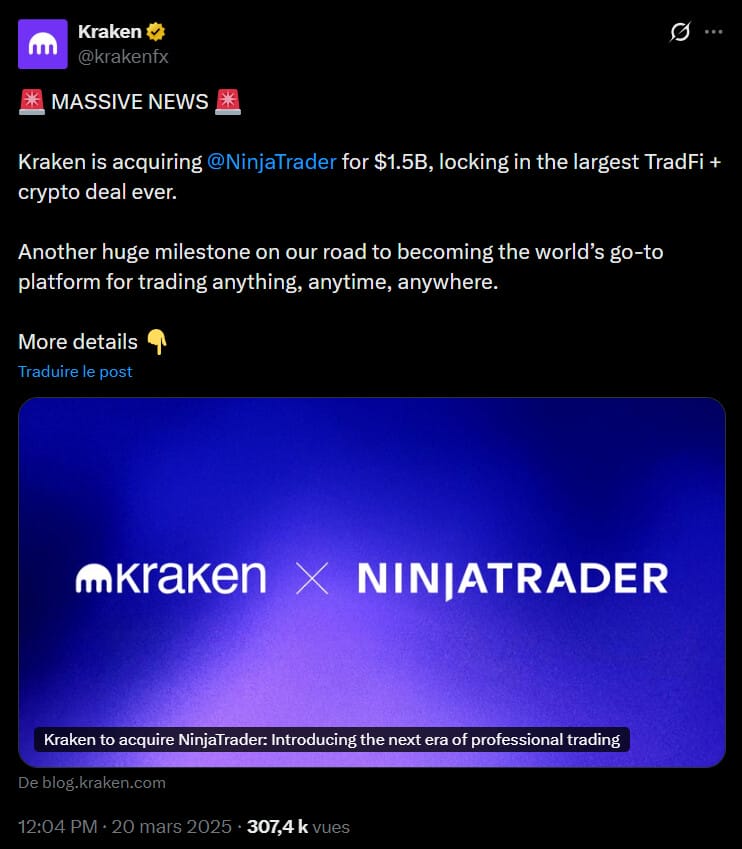 Depuis le début de l'année 2025, l'échange de cryptomonnaies Kraken, opéré par la holding Payward, a radicalement accéléré sa stratégie de croissance. L'entreprise ne se contente plus de son rôle historique de plateforme d'échange d'actifs numériques ; elle mène une offensive d'acquisitions ciblées pour transformer son infrastructure en un écosystème financier global et régulé.

L’objectif affiché par la direction, notamment sous l'impulsion du co-PDG Arjun Sethi, est de briser les silos entre la finance traditionnelle (TradFi) et l'univers crypto. En intégrant verticalement des services allant du courtage de contrats à terme à la tokenisation d'actions, Kraken bâtit une plateforme capable de séduire aussi bien les particuliers que les clients institutionnels, 24h/24 et 7j/7.