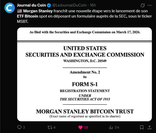 Le géant de la gestion d'actifs Morgan Stanley franchit une étape importante dans le déploiement de son offre liée aux actifs numériques. Mercredi 18 mars, la firme a déposé une version amendée de son formulaire S-1 auprès de la Securities and Exchange Commission (SEC) concernant son futur fonds, le Morgan Stanley Bitcoin Trust. Ce document apporte des précisions techniques sur la structure du produit, notamment son futur symbole de cotation (ticker) MSBT sur la bourse NYSE Arca. Alors que l'institution supervise près de 9 000 milliards de dollars d'actifs pour le compte de ses clients, cette mise à jour confirme son intention de se positionner comme un acteur central du secteur, au-delà de la simple distribution de produits tiers. Enfin, diront certaines mauvaises langues...