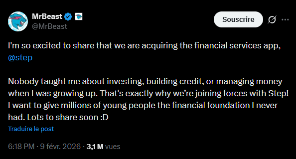 L'acquisition de l'application de technologie financière Step par Beast Industries, la société de holding du vidéaste Jimmy Donaldson, plus connu sous le pseudonyme MrBeast, suscite une attention réglementaire immédiate. La sénatrice du Massachusetts, Elizabeth Warren, a adressé ce lundi une lettre formelle au créateur de contenu pour exprimer ses préoccupations quant à l'exposition des mineurs aux actifs numériques. Cette interpellation intervient alors que MrBeast, fort de 472 millions d'abonnés, dispose d'une influence majeure sur un public principalement composé d'adolescents. La transition d'une entreprise de divertissement vers la fourniture de services financiers réglementés soulève des questions critiques sur la protection des jeunes consommateurs et la conformité aux lois bancaires en vigueur.