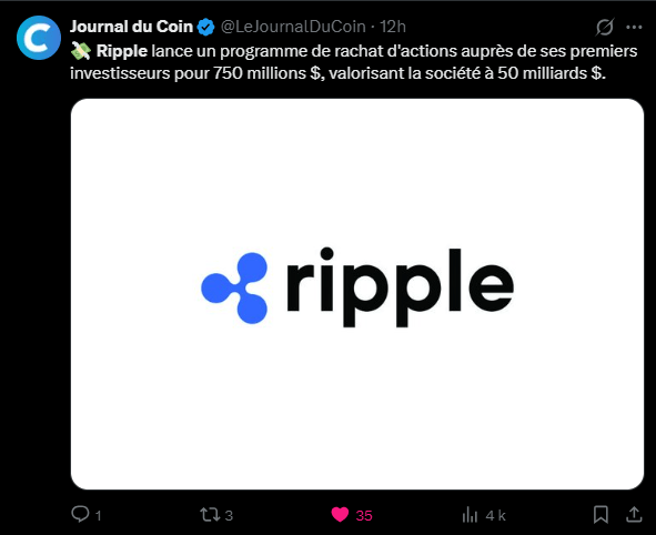 Quelques mois seulement après une levée de fonds importante, l'entreprise américaine vient d'annoncer une procédure de rachat de ses propres titres auprès de ses employés et de ses investisseurs historiques. Cette opération s'inscrit dans un contexte de consolidation pour la société liée à l'actif XRP, qui cherche à réorganiser sa structure actionnariale tout en confirmant sa solidité financière. À travers cette initiative, Ripple démontre une capacité d'autofinancement notable, contrastant avec la prudence observée chez certains de ses concurrents dans un marché des actifs numériques qui a connu des phases de correction marquées au cours des derniers mois.