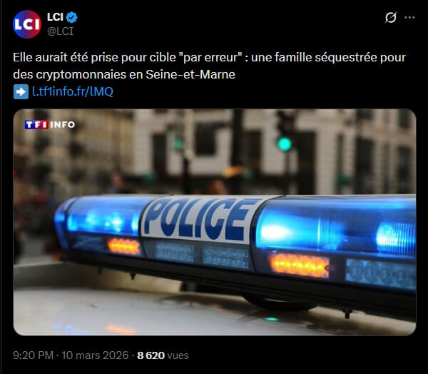  La recrudescence des agressions physiques liées à la détention d'actifs numériques touche désormais des particuliers n'ayant aucun lien avec ce secteur. Ce mardi matin, une famille résidant à Vaires-sur-Marne, en Seine-et-Marne, a subi une séquestration violente à son domicile. Deux individus cagoulés ont forcé l'entrée d'un pavillon aux alentours de 6 h 30, avant de s'en prendre à une mère de famille et ses deux enfants majeurs. L'objectif des assaillants portait explicitement sur l'extorsion de clés privées permettant l'accès à un portefeuille crypto. Toutefois, les premiers éléments de l'enquête indiquent que les victimes ont été ciblées par erreur, illustrant une défaillance notable dans la préparation des malfaiteurs.