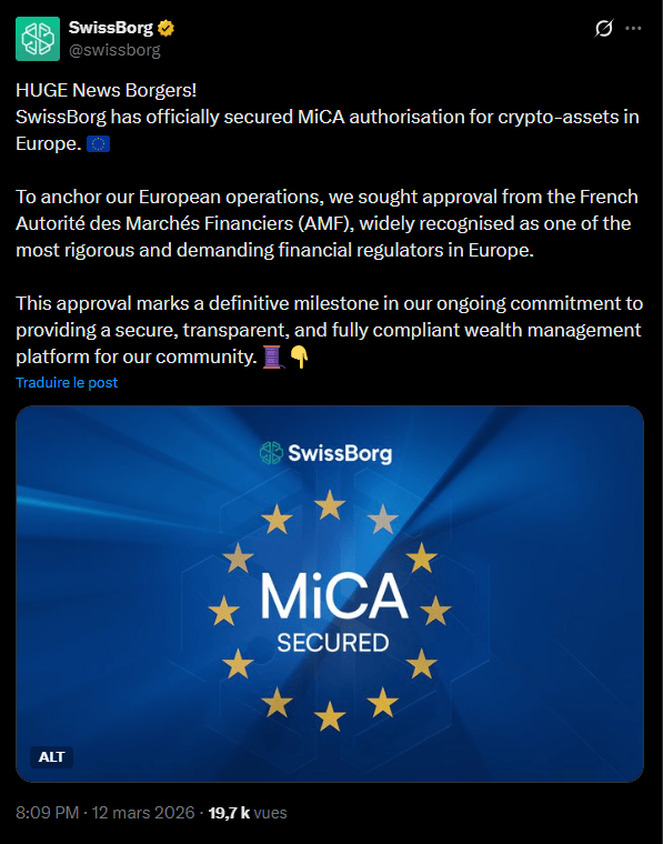 Le secteur des cryptoactifs franchit une étape réglementaire majeure en Europe avec l'entrée en vigueur effective du règlement MiCA (Markets in Crypto-Assets). Dans ce contexte, la plateforme SwissBorg a annoncé le 12 mars l'obtention de son agrément en tant que prestataire de services sur actifs numériques (CASP) auprès de l'Autorité des marchés financiers (AMF). Cette décision administrative valide la conformité de l'entreprise aux standards européens et lui permet d'exercer ses activités avec une sécurité juridique accrue sur l'ensemble du marché communautaire. En choisissant la juridiction française, reconnue pour la rigueur de ses exigences en matière de protection des investisseurs, la société ancre ses opérations européennes au sein d'un cadre institutionnel structuré. Une bonne nouvelle pour les « Borgers » français européens ! 