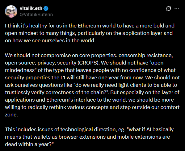 Dans une longue réflexion partagée sur les réseaux sociaux, le cofondateur d'Ethereum, Vitalik Buterin, invite la communauté des développeurs à s'affranchir des sentiers battus pour repenser l'architecture des applications décentralisées (dApps). Tout en réaffirmant son attachement aux piliers fondamentaux du protocole qu'il regroupe sous l'acronyme CROPS — résistance à la censure, open-source, confidentialité et sécurité — il estime que l'écosystème doit sortir de « sa zone de confort technique et culturelle ». Selon lui, l'innovation sur Ethereum ne doit plus se contenter d'améliorations incrémentales du système existant, mais doit s'appuyer sur une remise à plat totale des concepts hérités de la dernière décennie pour s'adapter aux nouvelles réalités technologiques, notamment l'intelligence artificielle.