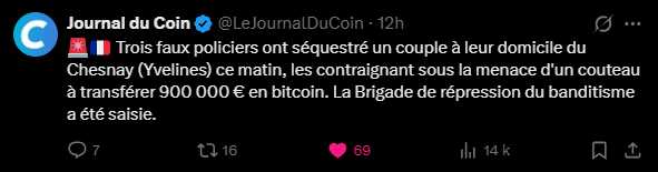 La recrudescence des agressions physiques visant des détenteurs d'actifs numériques se confirme sur le territoire français. Lundi 9 mars, un couple de quinquagénaires a été victime d'une violente extorsion à son domicile situé au Chesnay-Rocquencourt, dans les Yvelines. Sous la menace, les victimes ont été forcées de réaliser un transfert de cryptomonnaies d'une valeur approchant le million d'euros. Le parquet de Versailles a ouvert une enquête pour séquestration et vol avec arme en bande organisée, confiant les investigations à la Brigade de répression du banditisme (BRB). Cet incident s'inscrit dans une série de faits similaires observés depuis le début de l'année 2025, illustrant les risques sécuritaires pour les détenteurs de crypto dans l'Hexagone.