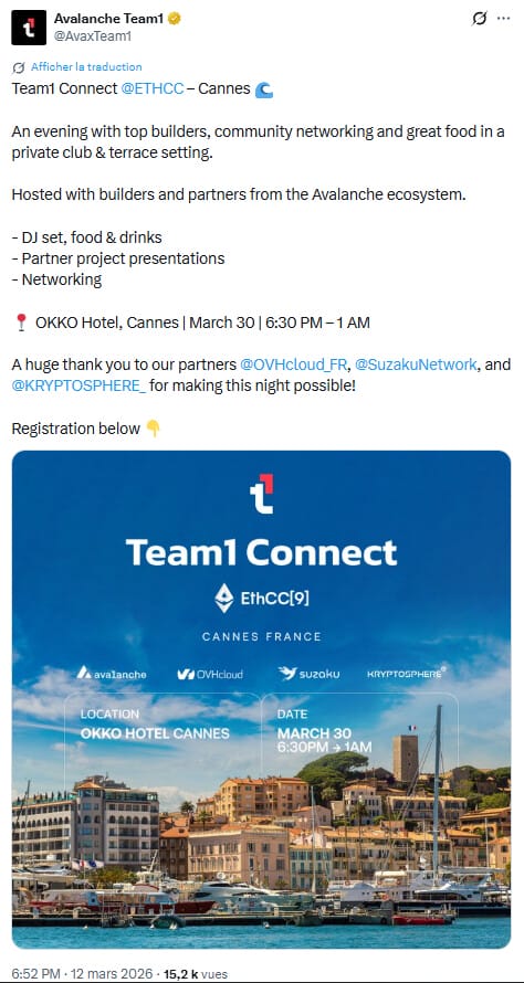 Team1 Connect : un événement exclusif par les équipes d’Avalanche à l’ETHCC de Cannes.